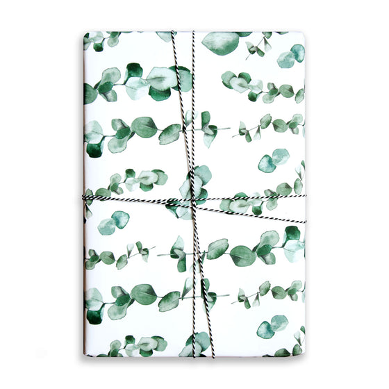 Paper Parade Stationers Christmas gift wrap sheet. With watercolour eucalyptus illustrated pattern. Also available on offer, 2 for £4. Matching gift tags also available.