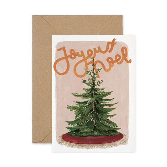 Illustrated Christmas greeting card featuring Christmas tree design and hand lettering which reads "Joyeux Noël".