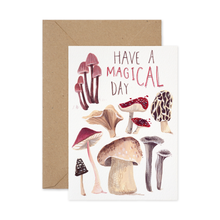 Illustrated birthday greeting card featuring wild mushrooms design and hand lettering which reads: "have a magical day".