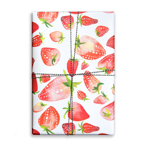 Single sheet of patterned gift wrap. Watercolour strawberries.