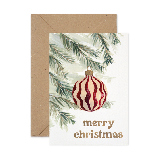 Christmas card with stripe red and cream coloured bauble and Christmas tree branch illustrated design.